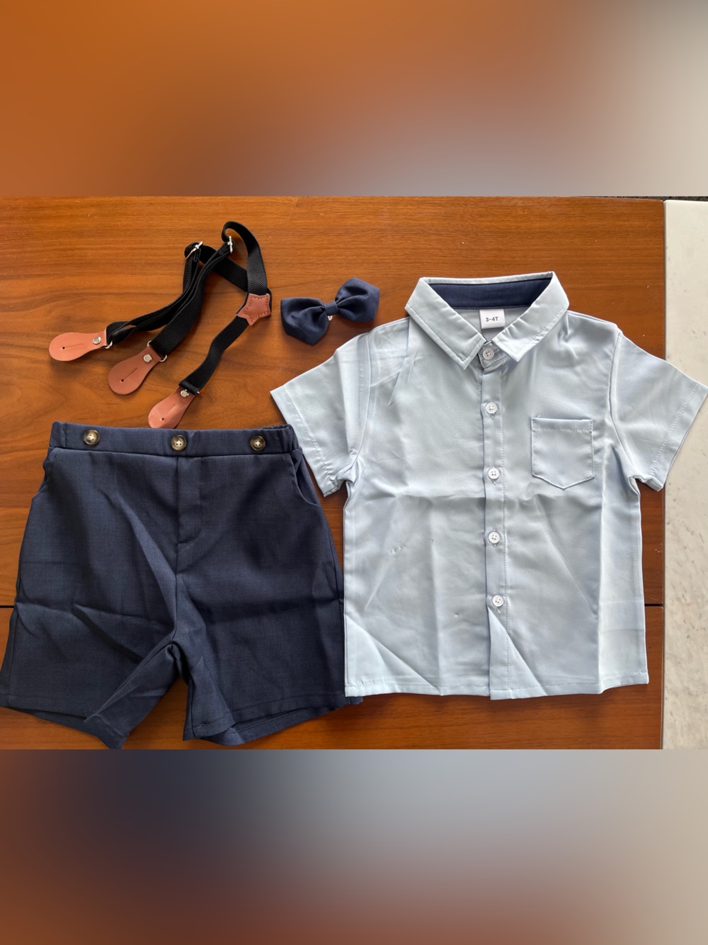 Boy’s Blue Shirt and Navy Shorts Matching Set with Bow Tie 3-4T